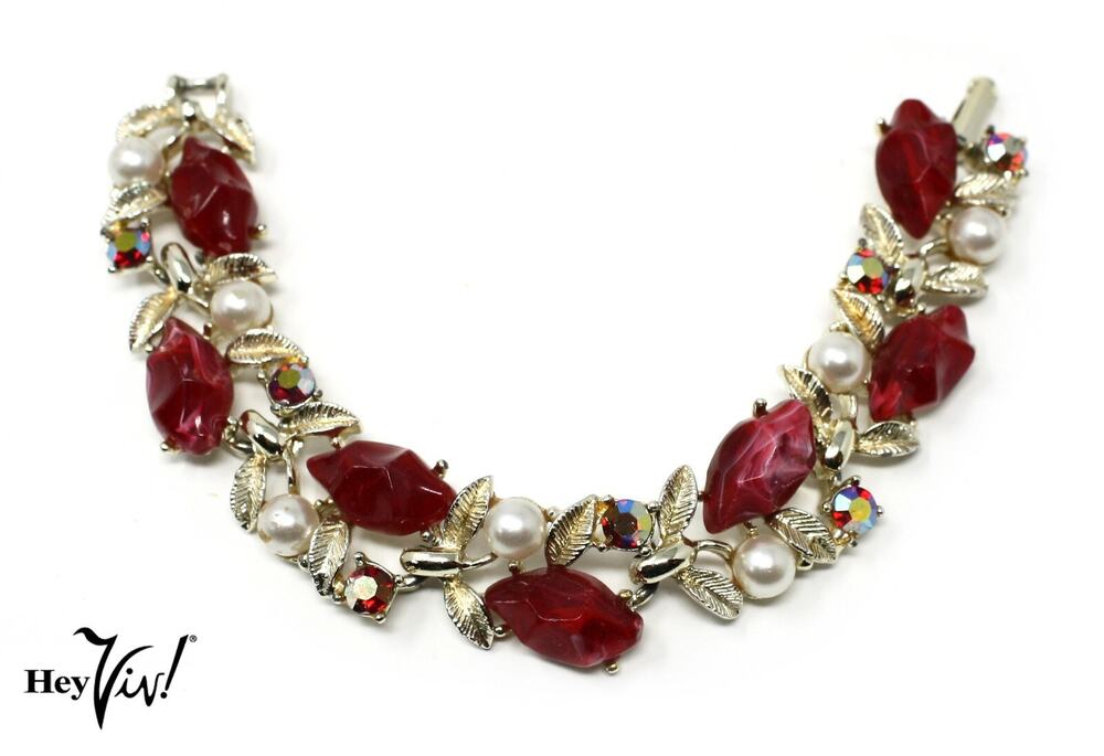 Vintage Red Rhinestone & Pearl Bracelet Leaf Floral Design Gold Tone - Hey Viv